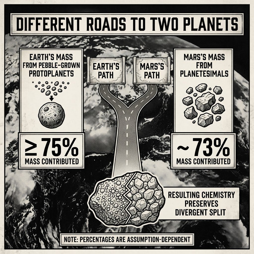 DARKCOMX's tweet photo. Earth and Mars formed from the same young Solar System, but their growth followed sharply different paths. The new model finds Earth got at least 75% of its mass from pebble-grown protoplanets, while Mars got about 73% from planetesimals. Their present chemistry preserves that split, although the exact percentages depend on assumptions about the original building blocks.

Different Roads to Two Planets