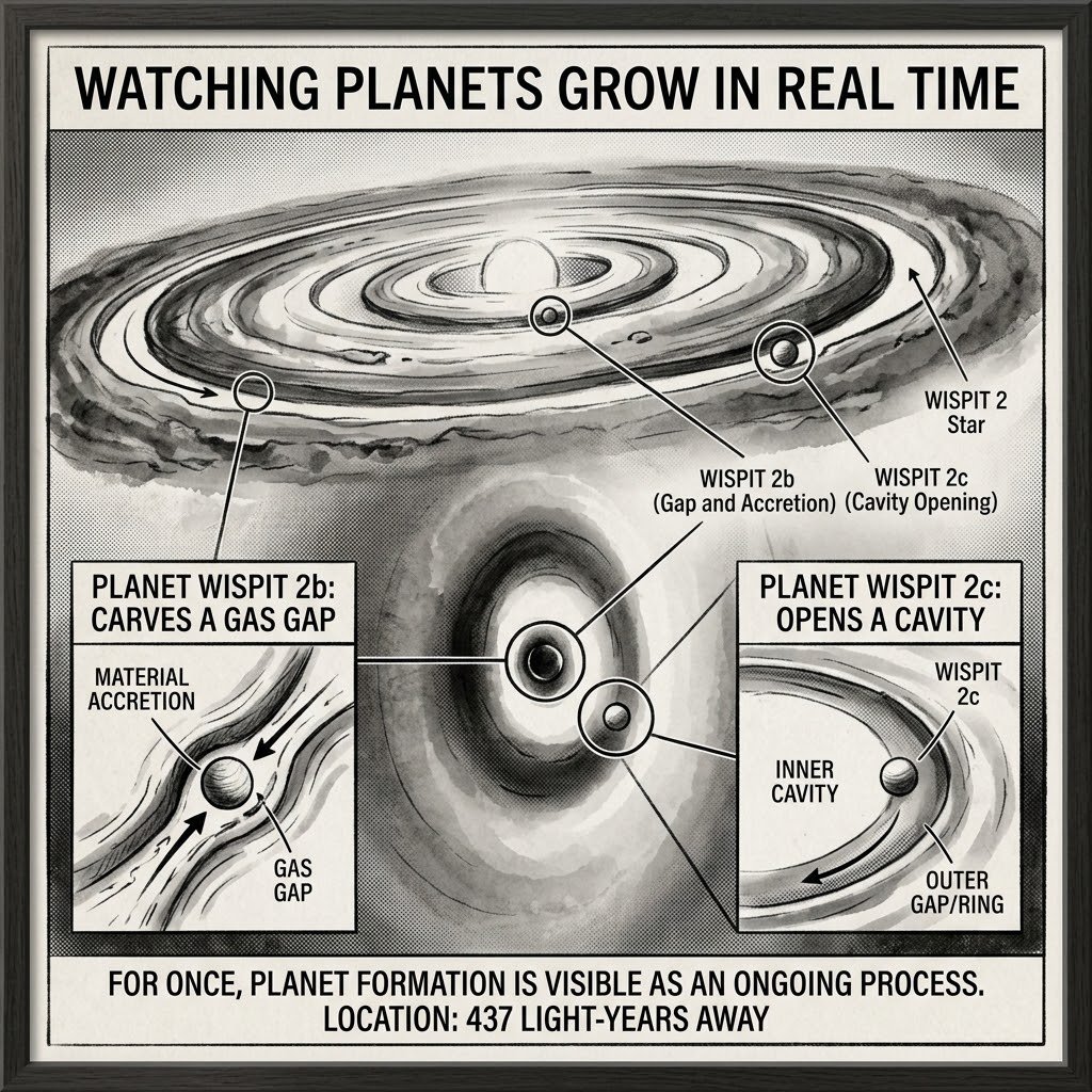 DARKCOMX's tweet photo. Astronomers can now watch two giant planets reshape the disk that is still feeding them around WISPIT 2, about 437 light-years away. WISPIT 2b has carved a gas gap while continuing to accrete material, while WISPIT 2c has opened a cavity. For once, planet formation is visible not as a finished system, but as an ongoing process.

Watching Planets Grow in Real Time