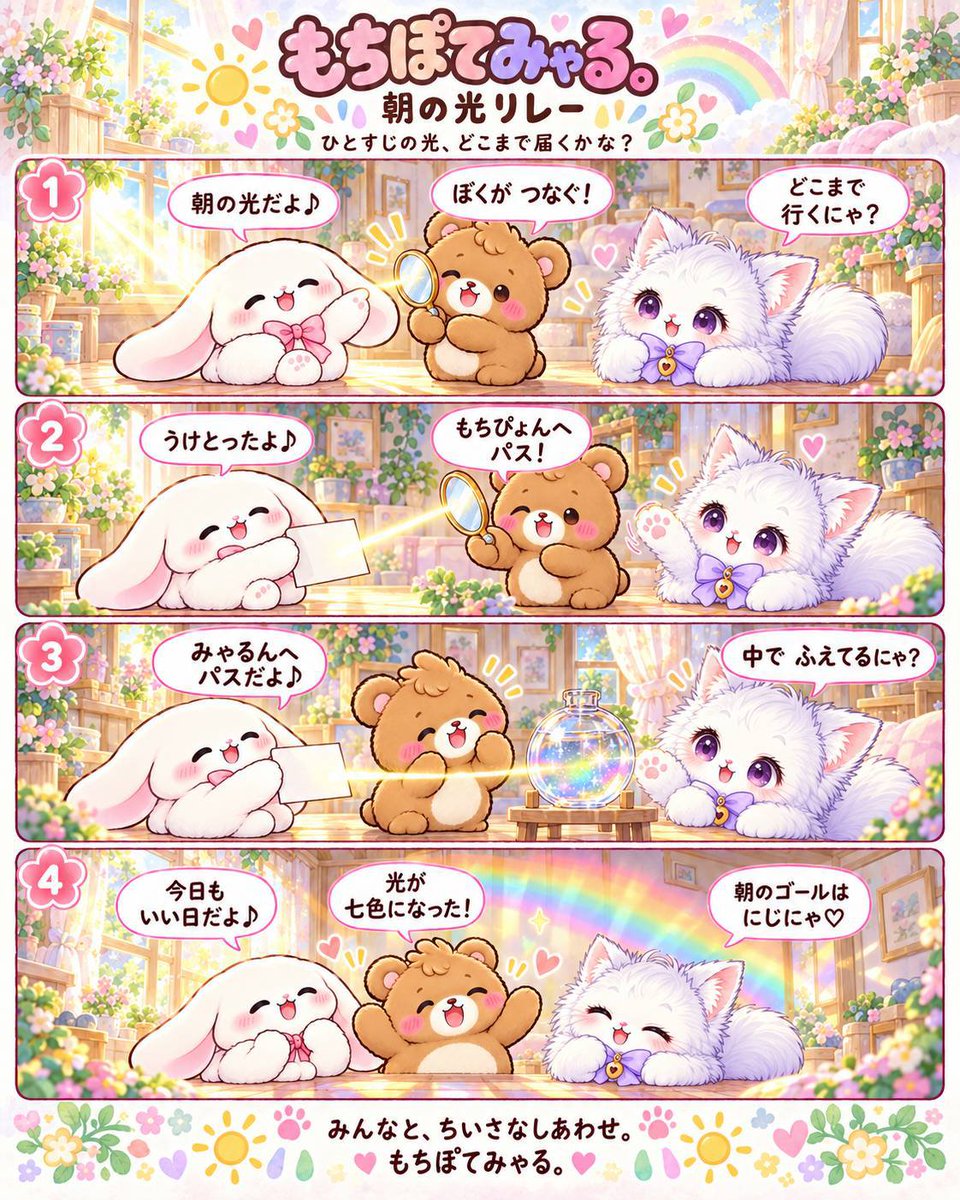 mochipotemyaru's tweet photo. もちぽてみゃる

朝の光リレー

朝のお部屋に、ひとすじの光。
「ぼくが、つなぐ！」
3人から3人へ渡った光は、どこへ届くのかな…♡

#朝の光 #虹 #もちぽてみゃる #4コマ #癒し https://t.co/MONr6QIHUJ
