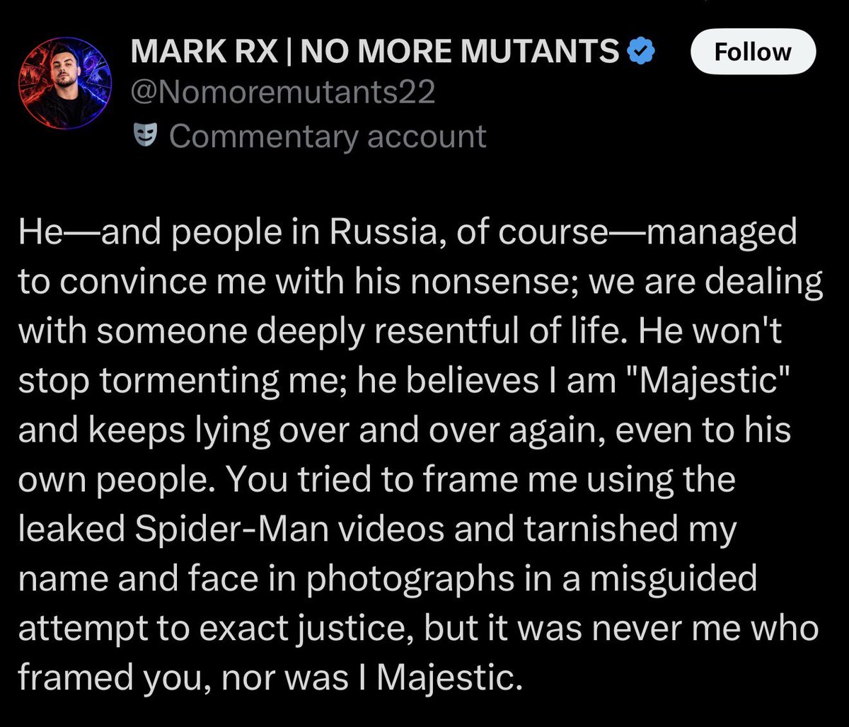 ProjectHurts's tweet photo. Majestic. YOU tried getting me in legal trouble by framing ME with leaked BND images and videos.

YOU make ai 🌽 of celebrities. YOU are racist and are seen calling people derogatory names, threatening others, no. You’re one sick fuck. And stop using ai with your face. https://t.co/7BY6kjo5uH