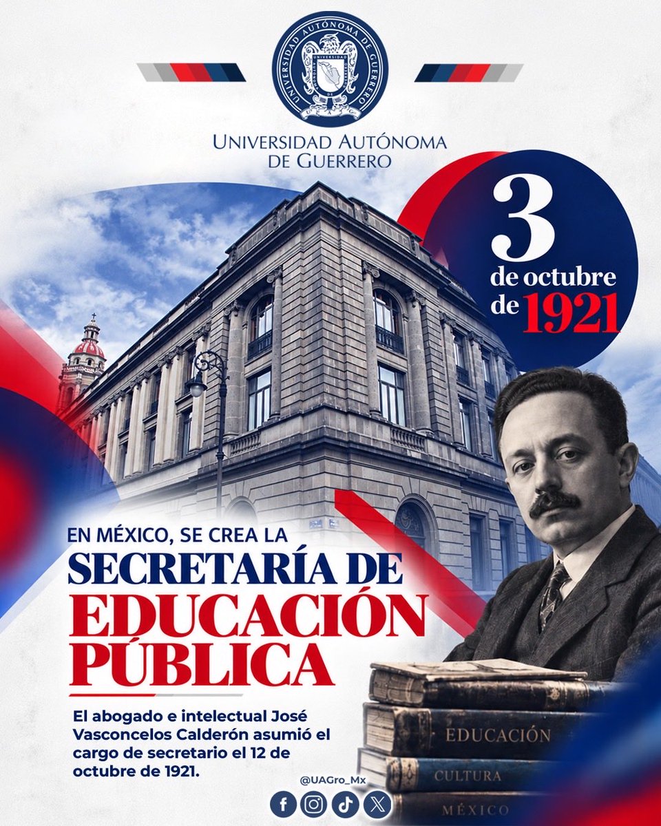UAGro_MX's tweet photo. 📚🇲🇽 Un día como hoy, en 1921, nació la Secretaría de Educación Pública.

Desde entonces, la educación ha sido una pieza clave para transformar al país. Y hoy, las universidades públicas seguimos siendo parte de esa historia, formando a las nuevas generaciones. https://t.co/5noX83kwLZ