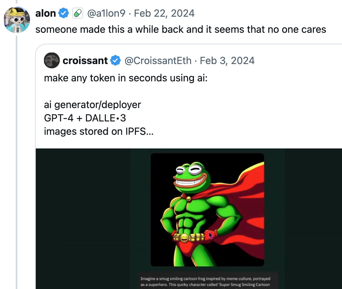 whamdev's tweet photo. ALON replied to a guy in 2024, who was talking about AI tokens

and he launched an AI created coin "SPEP" "SuperPepe"

we can now actually run it paired to an AI agent.

here's the full video: https://t.co/PhhR3NxZ0W

the agent is a degen, and does buy-backs. https://t.co/yzlh8AAXPk