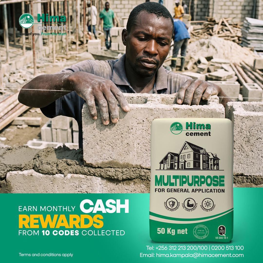 PulseTrendsUg's tweet photo. You’re already building. Why not get rewarded while you do it? Choose Hima Multipurpose Cement, dial *204#, enter the code inside your bag and collect points. Submit 10 or more codes to qualify for monthly cash rewards. Build. Reward yourself #FunamuNeHima #HimaCement @HimaCement https://t.co/oEteSzrSwW