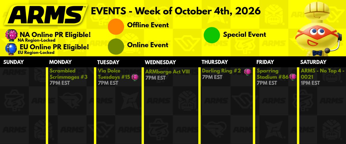 ARMSCentral's tweet photo. Here's the first #ARMS schedule fully within October 2026!
This week's events are run by Monkeypoxman, Plingus, Dwezle, @aya_darling, @T3kn0path1c and KAMIGENO.
π₯ #ARMSNICE #NintendoARMS #NintendoSwitch π₯ https://t.co/q2y3HlkPCp