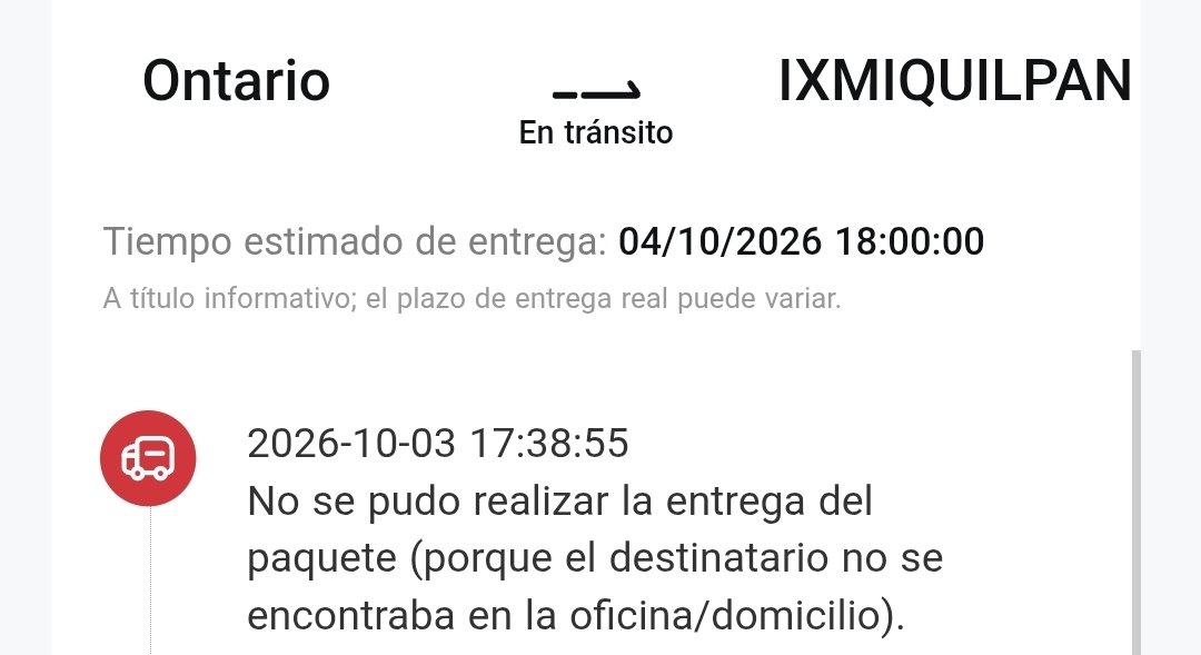 pablo_calva's tweet photo. Buenas tardes podrían ayudarme con mi pedido realizo la compra de importación a México pero no tengo idea de quien esta realizando el envío a mi domicilio porque en la página no muestra un operador para México y marca entrega fallida pero nunca recibí alguna llamada
@AmazonHelp https://t.co/2ubYU7o2ej