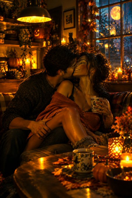 A warmly lit scene shows a couple kissing intimately on a couch in a cozy autumn-themed room with candles, pumpkins, and a window showing a full moon; the woman holds a floral mug.