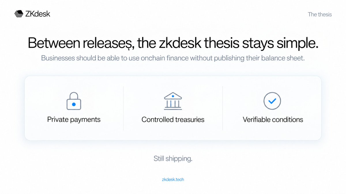 ZkDesk's tweet photo. Between releases, the zkdesk thesis stays simple.

Businesses should be able to use onchain finance without publishing their balance sheet.

Private payments. Controlled treasuries. Verifiable conditions.

Still shipping. https://t.co/HcXZeDOOKD