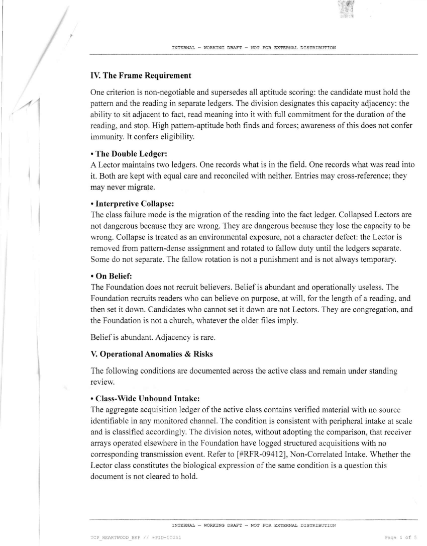 Pickle_Root's tweet photo. [PID-00251 // PAGE_04]

Section IV: The Double Ledger.

"One records what is in the field. One records what was read into it... The class failure mode is the migration of the reading into the fact ledger." https://t.co/1yb6LkI766