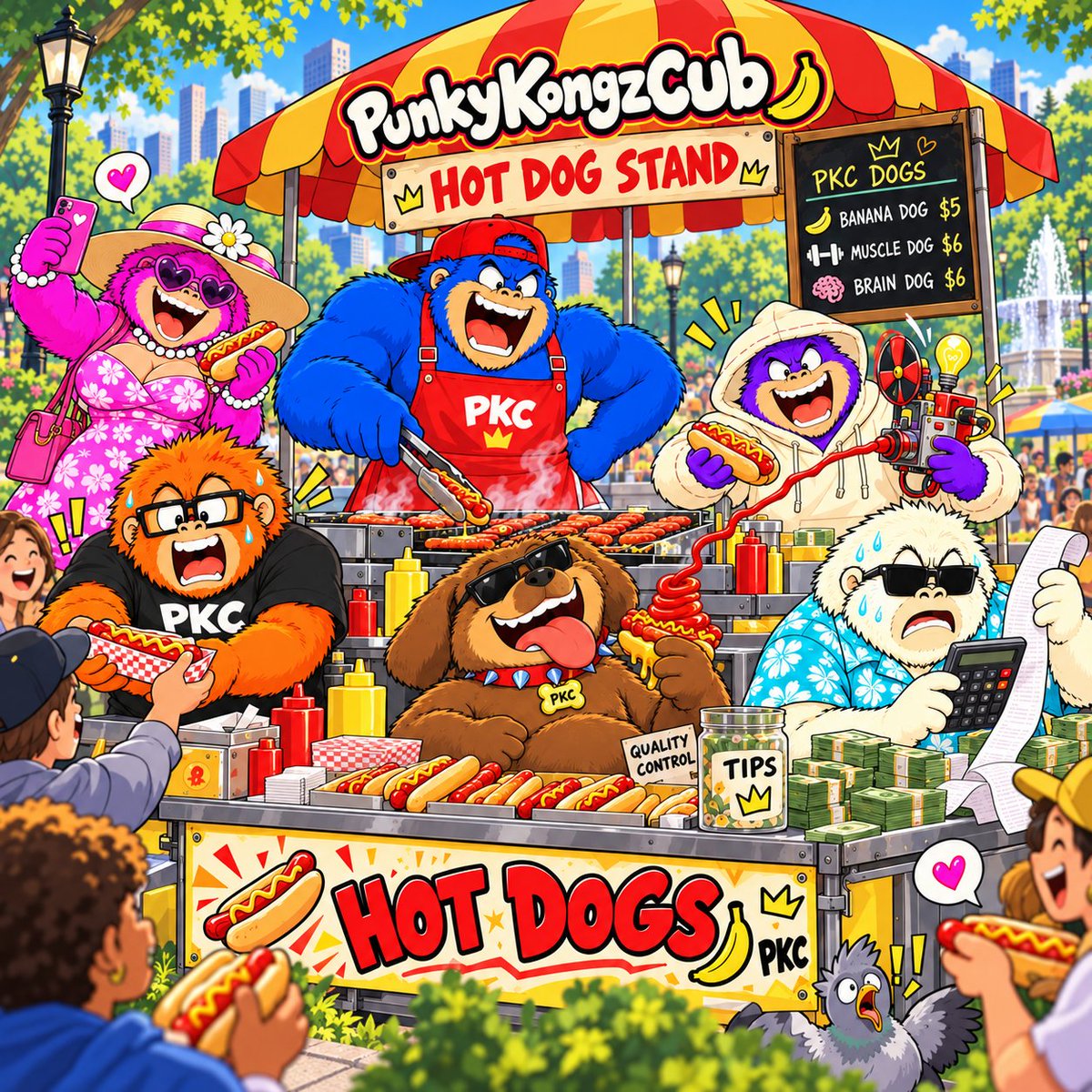 PKC_100's tweet photo. take over the hot dog stand. 🌭
Muscle grills, Brain upgrades, Money Guy counts margins, Orange serves chaos.
CEO eats the samples. 🐶
$PKC — sold out before we were ready.

#pkc #punkykongzclub #punkvism #Solana #Meme #Memecoin #Memes https://t.co/pAERp74F09