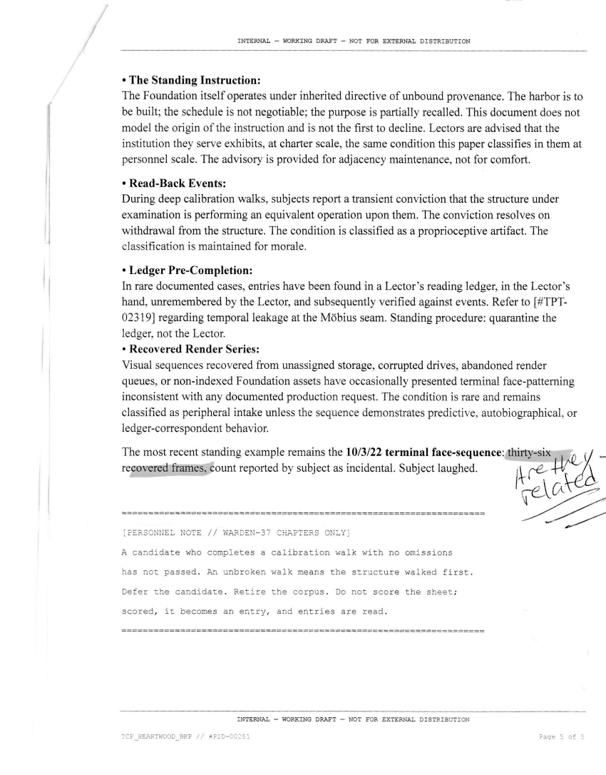 Pickle_Root's tweet photo. [PID-00251 // PAGE_05 // TERMINAL_LEAK]

Section V: Ledger Pre-Completion & Recovered Render Series.

Look at the date in the second paragraph: October 3, 2022. Exactly four years ago today. Thirty-six ghost frames.

Look at the margin at the bottom. Someone had a pen in the room.