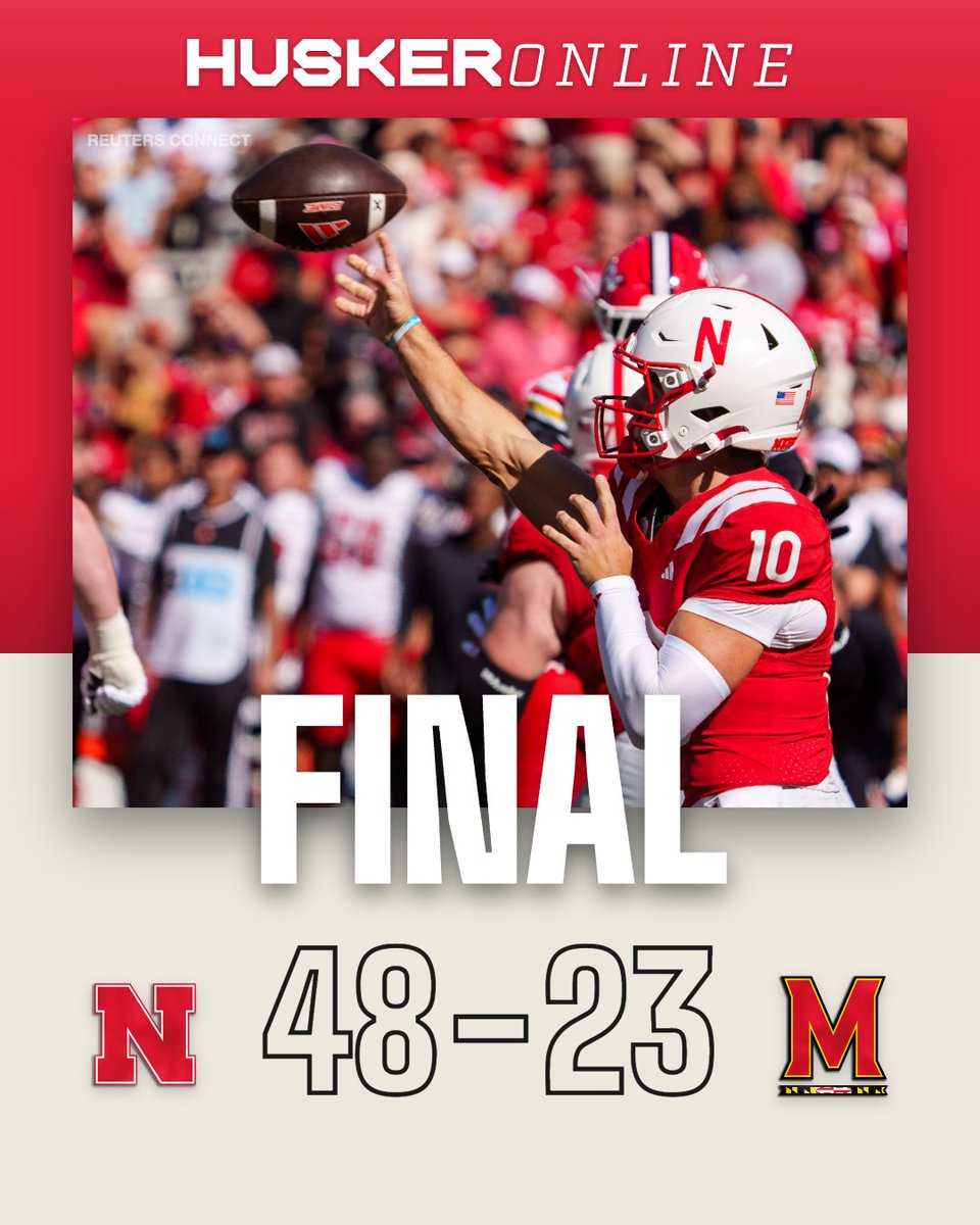 HuskerOnline's tweet photo. Nebraska football is 5-0 for the first time since 2016. They take down Maryland 48-23 behind three fourth-quarter touchdowns. 

INSTANT TAKEAWAYS: https://t.co/A6DxCsRKS9 https://t.co/MSbU3YVt67