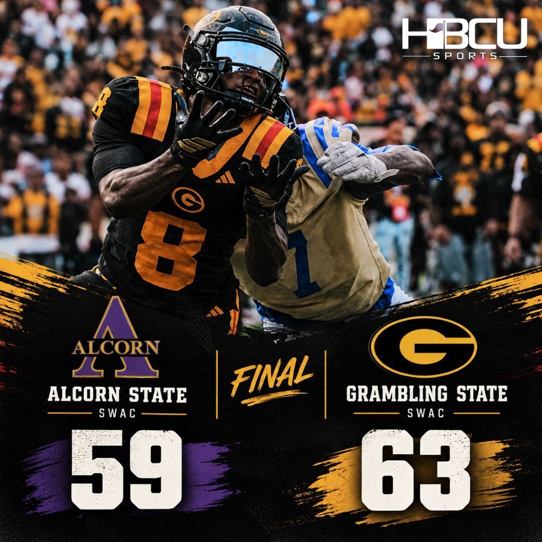 HBCUSports's tweet photo. The Braves and Tigers combined to score 49 points in the fourth quarter that culminated in an Ashton Frye TD pass to wide receiver Tyson George late in regulation to complete a WILD win for Grambling State. https://t.co/MfhJYleq8G