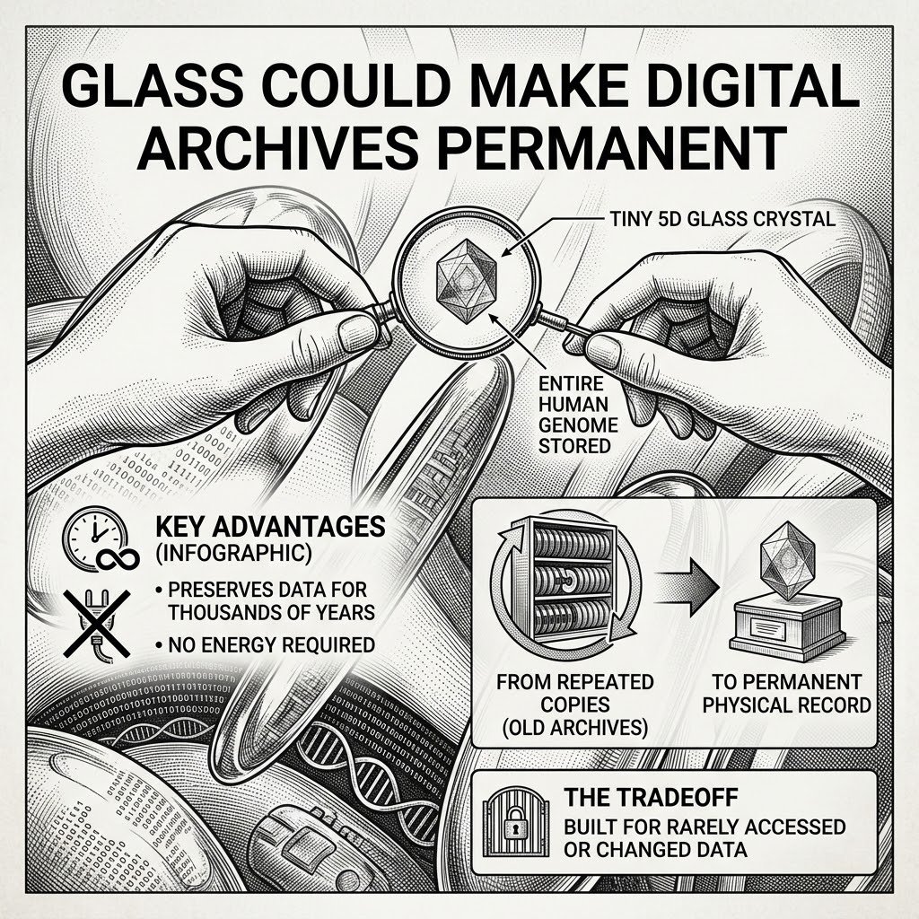 DARKCOMX's tweet photo. Scientists have stored the entire human genome on a tiny 5D glass crystal, with glass capable of preserving data for thousands of years without energy. That shifts archival storage from something that must be repeatedly copied to something closer to a permanent physical record. The tradeoff is that glass is built for data you rarely need to access or change.

Glass Could Make Digital Archives Permanent