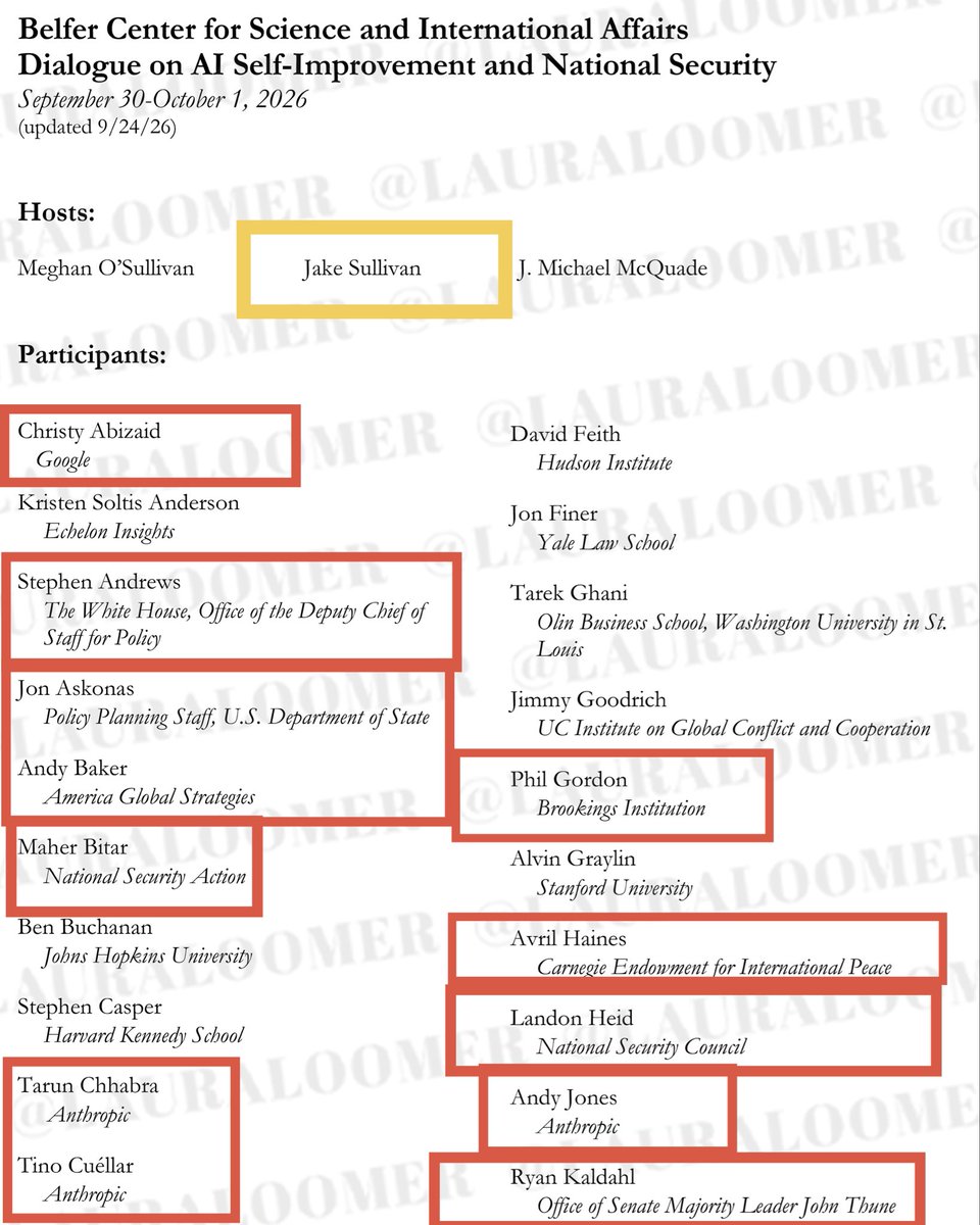 LauraLoomer's tweet photo. EXCLUSIVE:

🚨 White House Staff Attended a Closed Door AI Summit Hosted By Biden National Security Advisor And AutoPen Overlord Jake Sullivan At Harvard 2 Days Ago 🚨 

Sanctioned Outreach, or Disloyalty?

White House and State Department officials joined a closed Harvard session hosted by former Biden national security advisor Jake Sullivan and attended by Trump haters Susan Rice, Phil Gordon, and Avril Haines, according to a copy of the participant list for the gathering I have exclusively obtained. 

The “Dialogue on AI Self-Improvement and National Security,” was held September 30 and October 1 at the Kennedy School’s Belfer Center for Science and International Affairs at @Harvard. 

This event has not appeared on the center’s public calendar, and it suspiciously occurred one month before the midterm elections.

Sullivan is listed as a host, along with Belfer Center director Meghan O’Sullivan and J. Michael McQuade. 

Susan Rice @AmbassadorRice, national security adviser under Barack Hussein Obama and domestic policy advisor under Joe Biden, is listed with the RAND Corporation. Phil Gordon, national security advisor to Kamala Harris @KamalaHarris, is listed with the Brookings @BrookingsInst Institution. Avril Haines, Biden’s director of national intelligence, is listed with the Carnegie Endowment for International Peace. 

Maher Bitar, an Islamic jihadist and senior National Security Council aide in the Biden White House, appears with National Security Action. Christy Abizaid, Biden’s director of the National Counterterrorism Center, is listed with Google. Tarun Chhabra, who oversaw technology and national security on Jake Sullivan’s staff during the Biden administration, is listed with @AnthropicAI, as are Tino Cuéllar and Andy Jones. Jon Finer, Sullivan’s former deputy, is also on the list.

All of these people have been vicious public critics and saboteurs of President Trump. Sullivan oversaw the Biden Autopen and has used his Harvard post, and a podcast with Finer to argue that the administration is mishandling China, Iran, and technology competition. Rice has opposed President Trump since his first term and participated in spying on him. 

Phil Gordon advised Harris in the 2024 Presidential campaign against Trump, Haines led the Biden intelligence community that engaged in Weaponized government and politicized leaks, National Security Action, Bitar’s listed affiliation, was built by former Democrat officials to contest Republican national-security policy. 

Several months ago, I successfully exposed Bitar and his security clearance was revoked over his ties to Islamic radicals and his participation in the Russian collusion hoax. 

Tarun Chhabra moved from Sullivan’s staff to Anthropic, one of the firms now across the table from skeptical Trump officials who oversee its regulatory and export-control interests.

Recently, Anthropic told the Trump administration that they fired Tarun Chhabra. Based off of this list I obtained, it sure looks like Anthropic lied! 

Nobody is surprised! 

The same list includes current Trump administration staff: Stephen Andrews, of the White House Office of the Deputy Chief of Staff for Policy; Jon Askonas of the State Department’s @StateDept Policy Planning Staff; Landon Heid, of the National Security Council; Wells King and Christopher Lord, of the Office of the Vice President @VP ; and Ryan Kaldahl, of the office of Senate Majority Leader John Thune @LeaderJohnThune.

Google, Google DeepMind, OpenAI, Meta, and Anthropic are among the companies that were represented at the event. 

Why would Trump administration officials who are supposed to be loyal to President Trump attend an event with Obama and Biden officials who spied on President Trump?

Has @POTUS seen this? 

Was this event sanctioned by the White House, or is this evidence of subversion and disloyalty one month before the midterm elections?

President Trump hates Jake Sullivan and Susan Rice. 

This is not a good look! 👇🏻
