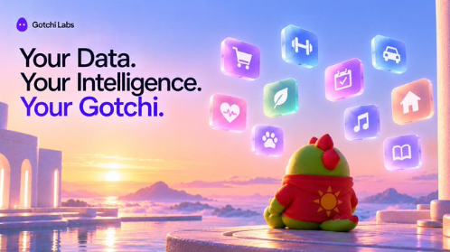 A promotional graphic for Gotchi Labs featuring the tagline 'Your Data. Your Intelligence. Your Gotchi.' alongside a cartoon green character with a red bow and floating app icons.