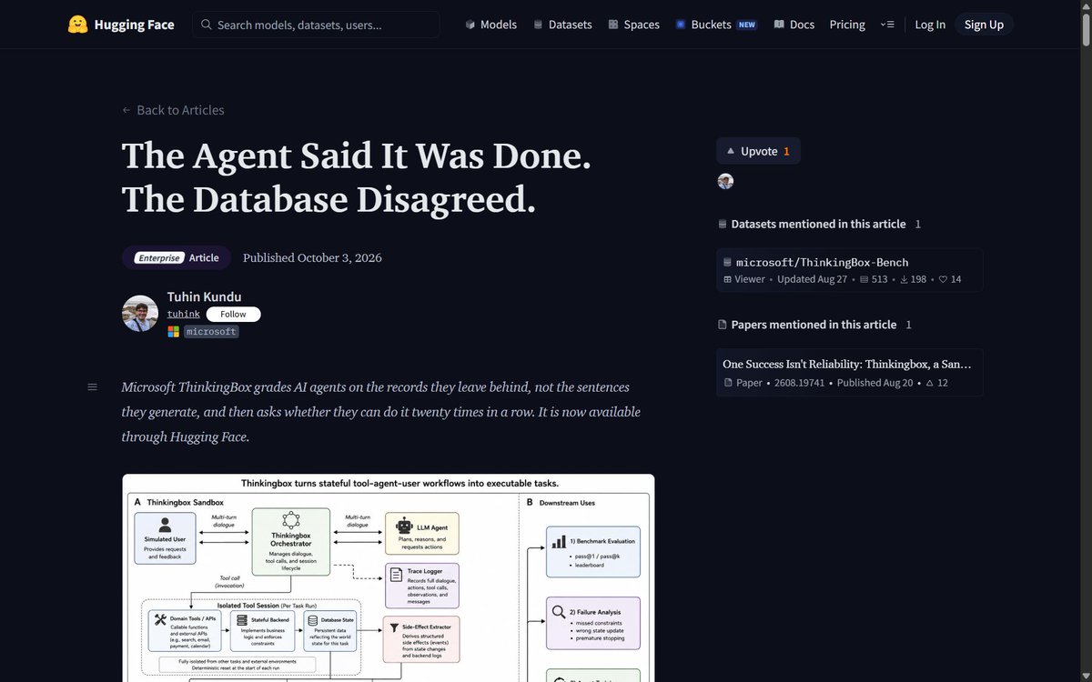 Secretof_forest's tweet photo. Microsoft and Hugging Face put ThinkingBox on Hugging Face: a benchmark that grades agents on the database state they leave behind, not their text. Best model: 67% pass@1, but only 47.5% of tasks pass all 20 attempts.
https://t.co/zbNuGYyAqd https://t.co/WyIaNskHTV