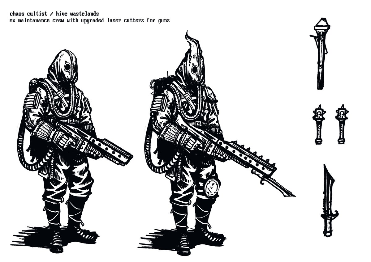 IronCladFlynt's tweet photo. Wanted to show off some the jazz that @MachineInsight1 has been working on for the little, 40k game concept.  JUST concept just now. One of the various cults thst players would be able to join up with. Its mostly, atm a visual thing across the different regions https://t.co/JMfxKyOb3W