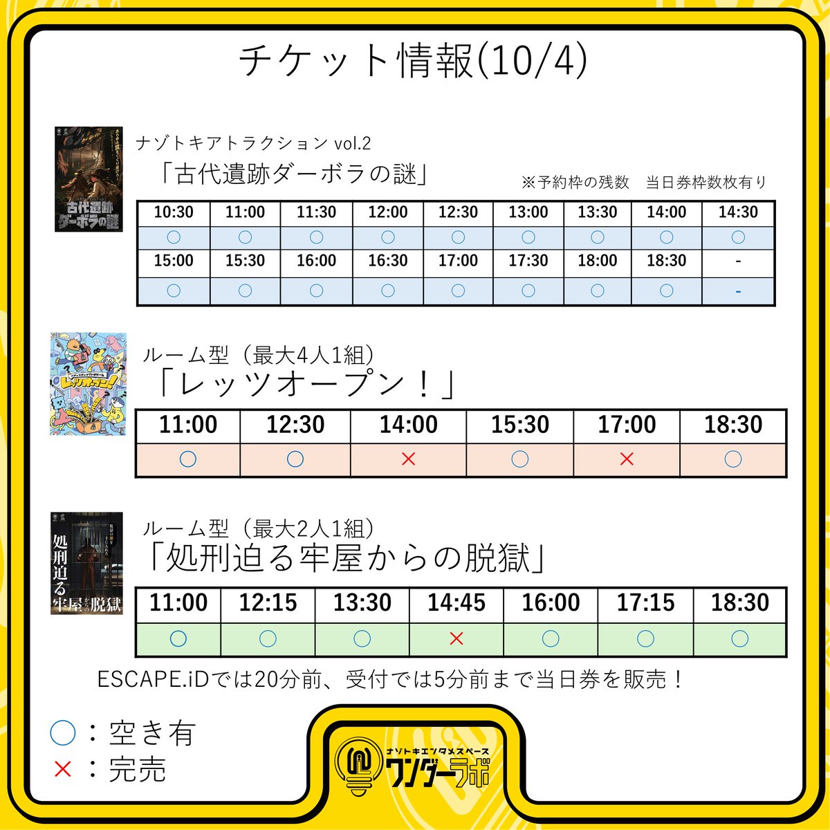 wonderlabo_nazo's tweet photo. 🎫10/4 当日券情報🎫     

本日も10時オープン！

各謎解き公演チケット空きあり！

今日の新潟はくもりの予報🌤️
街歩き謎解きもおすすめ！
詳細、キット販売は1F受付まで！

🎫チケット購入
https://t.co/Y7n1Q8AsT0
受付でも購入可能！

#ナゾトキワンダーラボ https://t.co/ikl5czrBYj