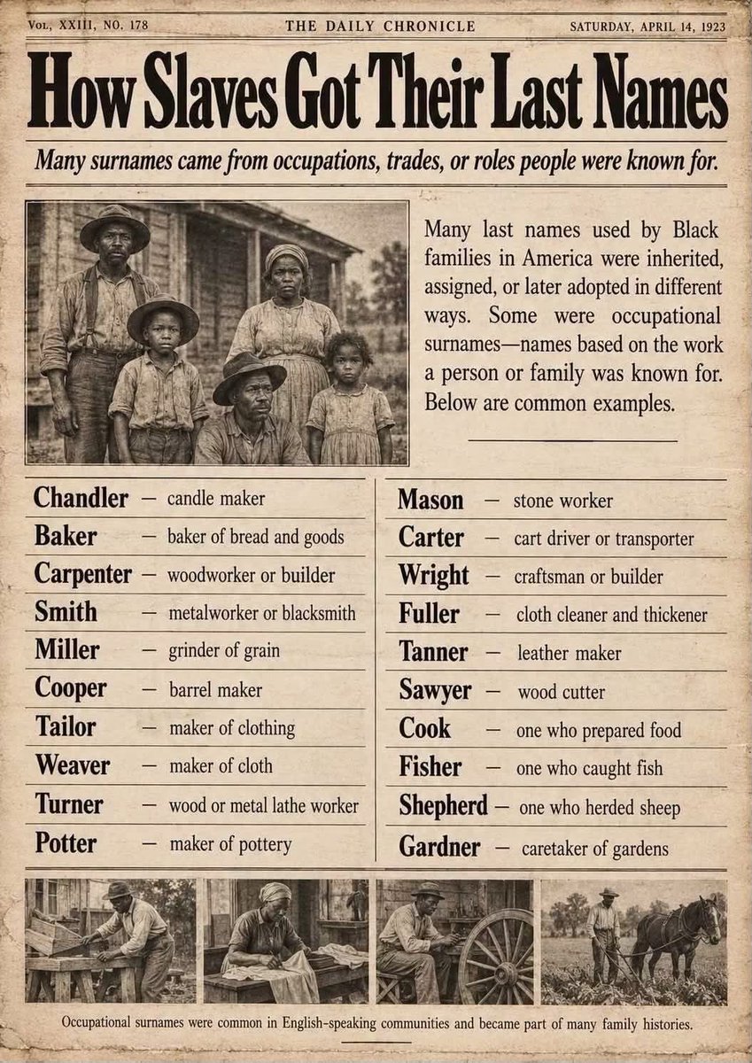 The_ELTL_Lab's tweet photo. Have you ever wondered where your last name came from? During slavery, many enslaved Africans were separated from their original names, languages, identities, and family histories. After emancipation, Black Americans carried surnames shaped by different circumstances:￼ https://t.co/q5pFsjLpuG