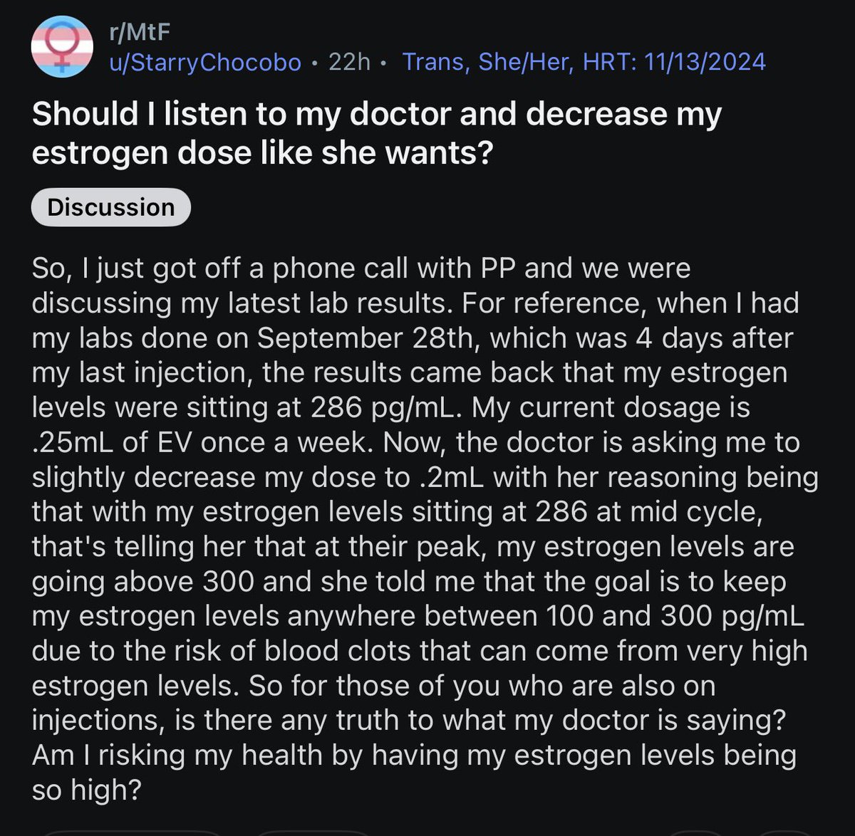 sappholives83's tweet photo. “Should I listen to my doctor, or should I take advice from a bunch of unqualified fetishists and risk blood clots and a stroke?”

One commenter stated that pregnant women have exponentially higher levels of estrogen in their system, so obviously it’s perfectly safe for this man to ignore his doctor. What I want to know is why his doctor doesn’t just put her foot down and decrease his dose.