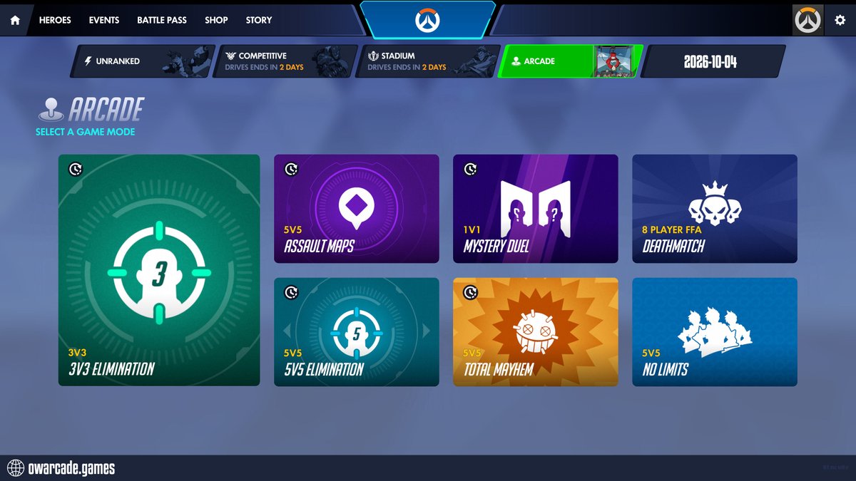 owarcadegames's tweet photo. Today in Overwatch Arcade - 2026-10-04
⭐ 3V3 ELIMINATION
ASSAULT MAPS / 5V5 ELIMINATION
MYSTERY DUEL / TOTAL MAYHEM
DEATHMATCH / NO LIMITS
#overwatch #overwatcharcade #totalmayhem https://t.co/4o42okA4u3