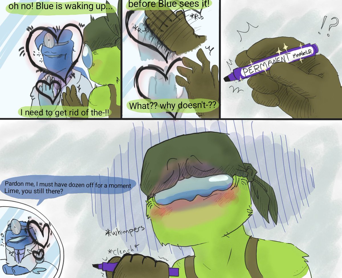Beanyday's tweet photo. I'II just couldn't let the Blue-is-stuck-in-jar scenario go quite yet...💚💙 ...permanent in love perhaps, Lime? 😏🤔

#amongusshow #blime https://t.co/zFZZmG81m8