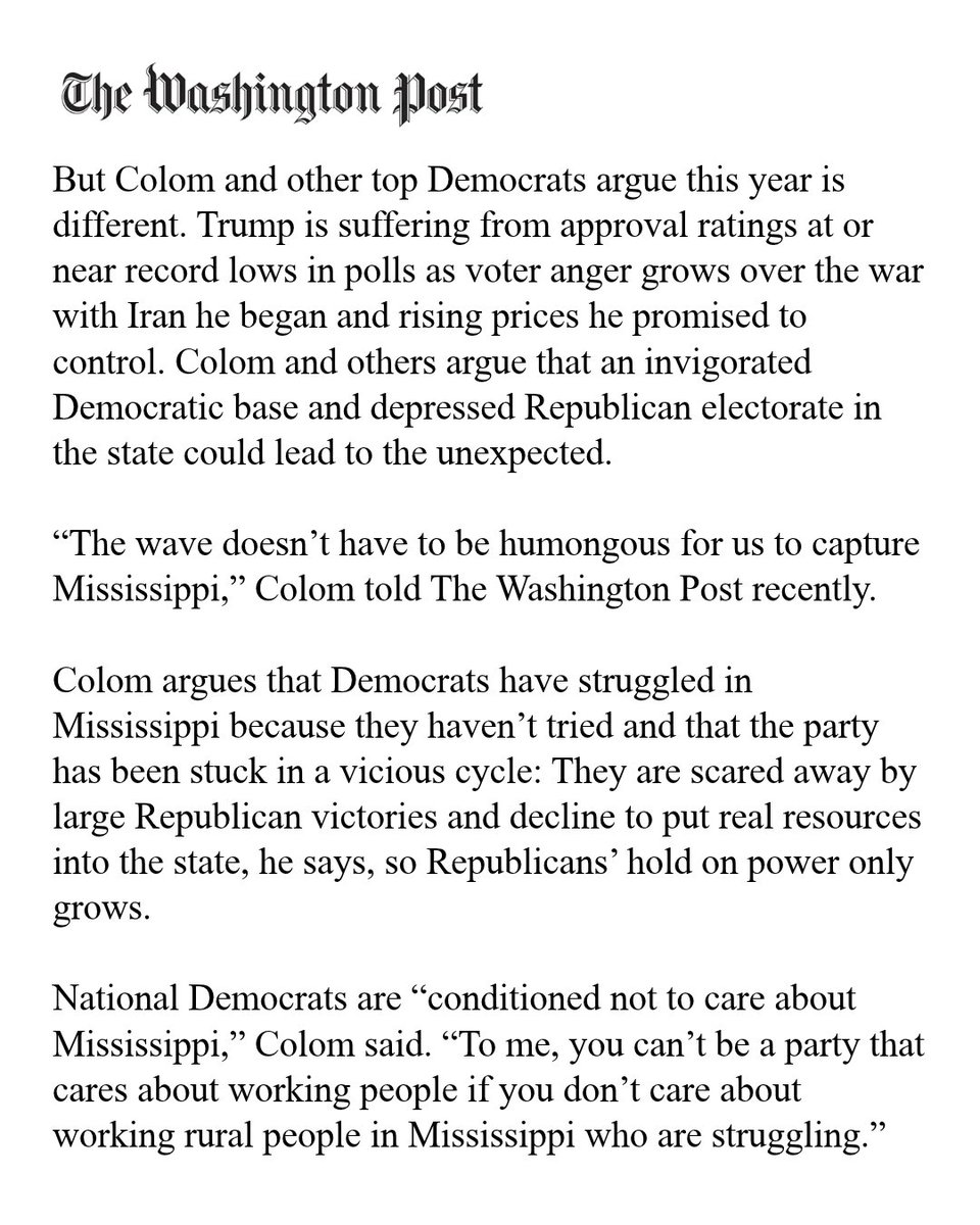 scott_colom's tweet photo. If you want to earn the support of working people, you have to show up for them — including in the rural communities that too often get overlooked.

For years, national Democrats have treated Mississippi like a state they could write off. Well, I don’t believe in writing off a single community or voter because Mississippi Matters.
