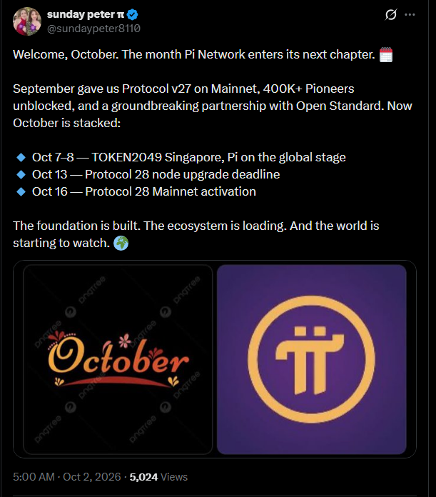 Inter_Saigon's tweet photo. NHỮNG ĐIỂM NỔI BẬT TRONG LỊCH TRÌNH THÁNG 10 CỦA PI NETWORK: NÂNG CẤP GIAO THỨC 28 VÀ KÍCH HOẠT MAINNET.

Lịch trình tháng 10 của Pi Network bao gồm TOKEN2049 Singapore, hạn chót nâng cấp node Protocol 28 và kế hoạch kích hoạt Mainnet.

Pi Network bước vào tháng 10 với một số mốc thời gian quan trọng được tài khoản cộng đồng Sunday Peter π nhấn mạnh, bao gồm cả thời hạn nâng cấp node Protocol 28 theo kế hoạch và việc kích hoạt Mainnet vào cuối tháng.

Trong một bài đăng trên X, Sunday Peter π mô tả tháng 10 là chương tiếp theo của mạng lưới, chỉ ra những phát triển từ tháng 9 và lịch trình bao gồm TOKEN2049 Singapore, hạn chót nâng cấp nút Protocol 28 và việc kích hoạt Mainnet Protocol 28 theo kế hoạch.

Các hạn chót của Nghị định thư 28 được ấn định vào tháng 10.

Lịch trình được Sunday Peter π chia sẻ xác định ngày 13 tháng 10 là hạn chót để nâng cấp node Protocol 28. Ba ngày sau, vào ngày 16 tháng 10, bài đăng liệt kê việc kích hoạt Mainnet Protocol 28 .

Bài đăng trình bày những ngày này như những cột mốc quan trọng đối với hệ sinh thái Pi Network. Tuy nhiên, bản thân bài đăng không cung cấp thêm chi tiết kỹ thuật nào về những thay đổi trong Giao thức 28 hoặc giải thích việc kích hoạt Mainnet sẽ ảnh hưởng như thế nào đến các ứng dụng, người dùng hoặc giao dịch riêng lẻ.

Do đó, các ngày tháng được nêu thể hiện lịch trình được nguồn tin trích dẫn chứ không phải là thông báo kỹ thuật được xác nhận độc lập trong bài đăng.

TOKEN2049 Singapore (Cũng có trong lịch)
Một mốc thời gian khác được nhấn mạnh trong bài đăng là ngày 7-8 tháng 10, khi sự kiện TOKEN2049 Singapore dự kiến ​​diễn ra. Sunday Peter π mô tả sự kiện này là cơ hội để Pi xuất hiện trên sân khấu toàn cầu.

Bài đăng không nêu rõ đại diện nào của Pi Network, ứng dụng nào hoặc dự án nào trong hệ sinh thái sẽ tham gia sự kiện, cũng như không đề cập đến bất kỳ thông báo nào dự kiến ​​sẽ được đưa ra tại đó.

Tài khoản Sunday Peter π cũng đề cập đến một số diễn biến từ tháng 9 như một phần bối cảnh cho lịch trình tháng 10. Những diễn biến này bao gồm Giao thức v27 trên Mainnet, hơn 400.000 người dùng Pioneer được mở khóa và điều mà tài khoản này mô tả là sự hợp tác với Open Standard.

Những tuyên bố đó được tài khoản X trình bày như những cột mốc dẫn đến tiến độ tháng Mười. Bài đăng không cung cấp thêm tài liệu hoặc chi tiết nào về quy mô, điều khoản hoặc việc triển khai các phát triển được đề cập.

Các cột mốc tháng 10 báo hiệu giai đoạn tiếp theo của mạng lưới.

Trình tự được Sunday Peter π vạch ra cho thấy thời hạn nâng cấp nút Protocol 28 diễn ra trước thời điểm kích hoạt Mainnet theo kế hoạch, khiến ngày 13 tháng 10 và ngày 16 tháng 10 trở thành những ngày cụ thể nhất về mặt kỹ thuật trong dòng thời gian.

Đối với người dùng Pi Network và các nhà phát triển hệ sinh thái, điểm quan trọng nhất về mặt tài chính cần theo dõi ngay lập tức là liệu quá trình nâng cấp Protocol 28 có diễn ra theo đúng lịch trình đã nêu trong bài đăng hay không. Nguồn tin không cung cấp thêm thông tin về các mốc quan trọng tiếp theo sau khi Mainnet được kích hoạt vào ngày 16 tháng 10.

Theo Victoria Hale