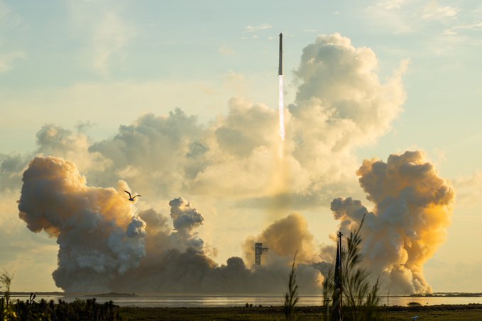 A SpaceX rocket ascends through billowing clouds of exhaust toward orbit, rising above the launch pad with bright plumes of smoke expanding across the landscape as a bird flies through the scene.