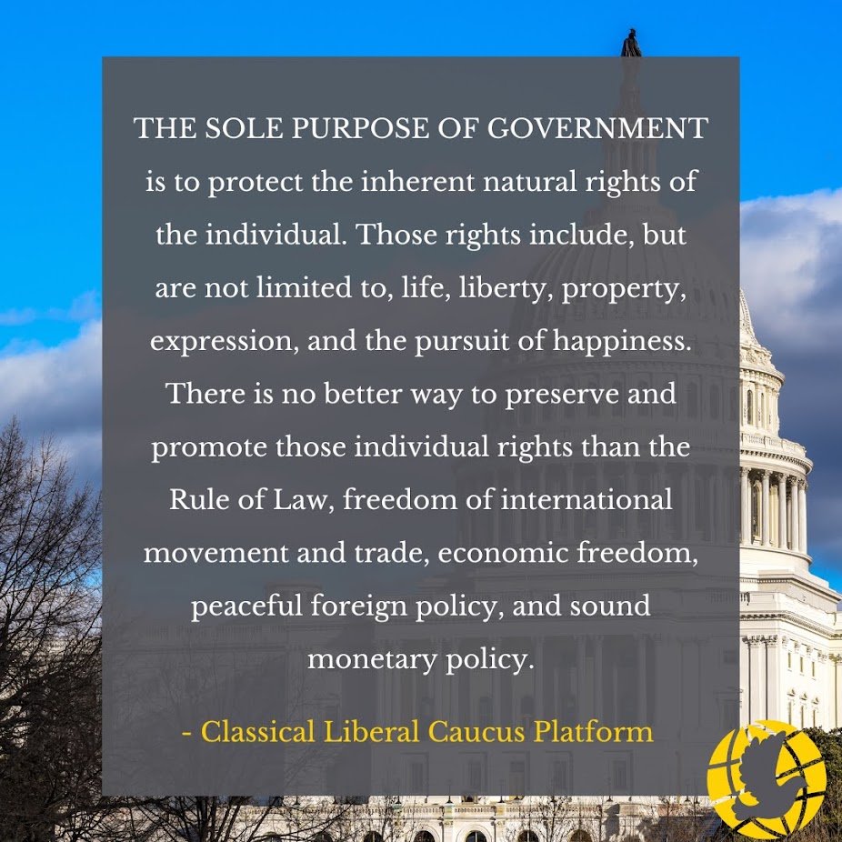 LP_CLC's tweet photo. THE SOLE PURPOSE OF GOVERNMENT is to protect the inherent natural rights of the individual. Those rights include, but are not limited to, life, liberty, property, expression, and the pursuit of happiness. There is no better way to preserve and promote those individual rights than the Rule of Law, freedom of international movement and trade, economic freedom, peaceful foreign policy, sound monetary policy, democratic principles, and respect for human dignity.