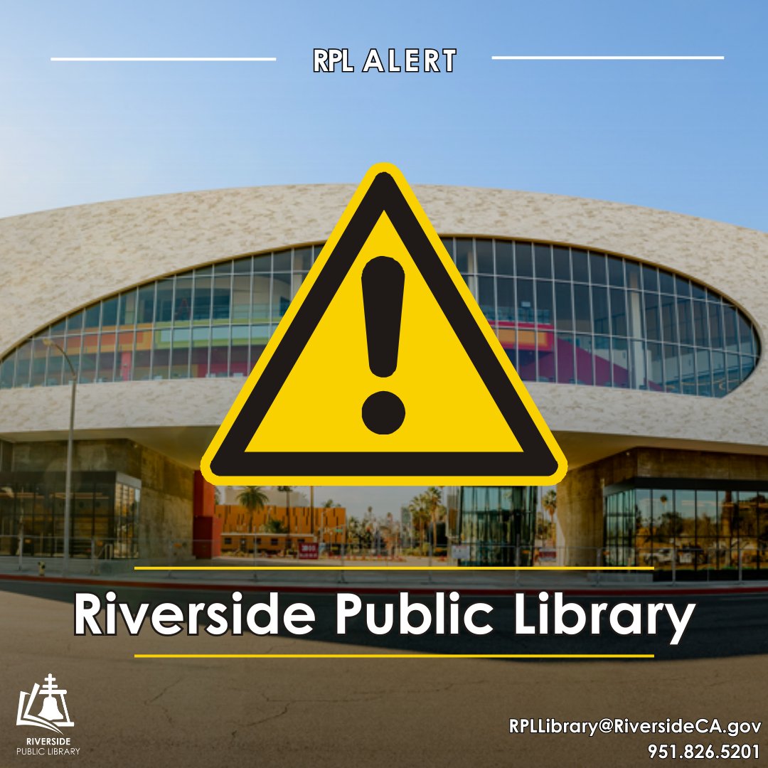 RivLibrary's tweet photo. 📢 Library Alert - SmartALEC/Wi-Fi printing is currently unavailable. Printing services are available via library desktops and laptops. 

Please note, library computers will shut down at 5:45pm today, 10/3. https://t.co/X7zj2NHtTf