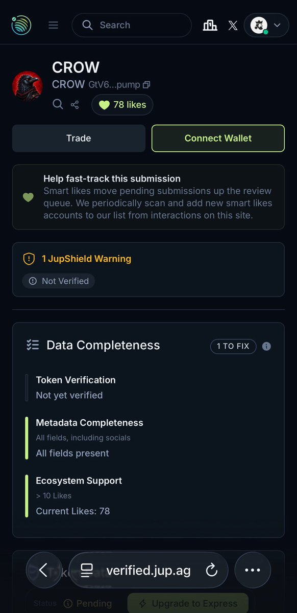 GambleKing0's tweet photo. 🐦‍⬛ $CROW needs 22 more likes.

We’re currently at 78 likes on Jupiter Verify.

Let’s push this to 100 today. 🫡

If you’re part of the CROW community, take 30 seconds:

❤️ Like the submission
🔁 Repost this
💬 Reply with “CROW”

Small actions. Big signal.

78 → 100 🐦‍⬛ https://t.co/eKBlRMY3pp