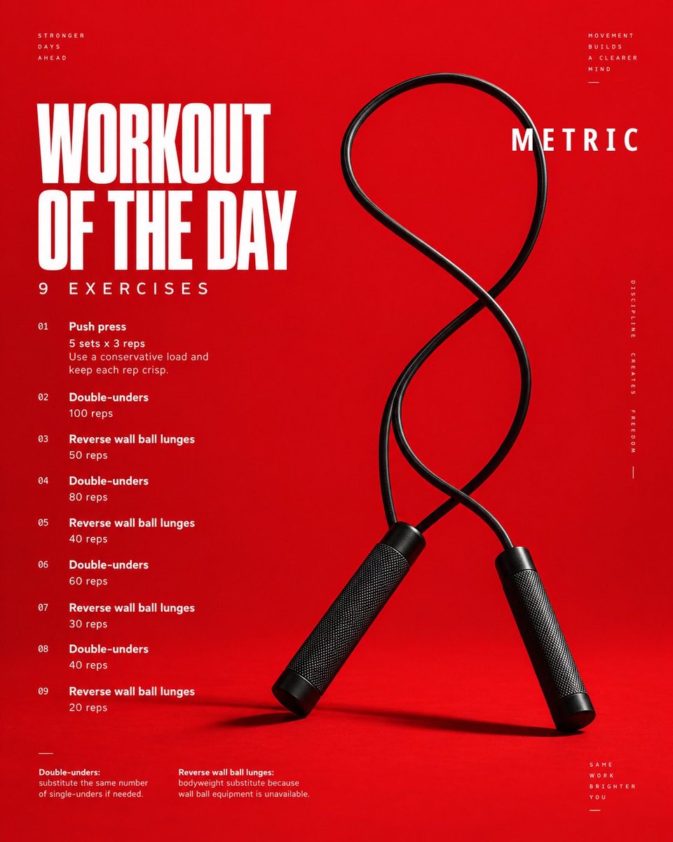 metric_app's tweet photo. Workout of the Day: 5x3 push press, then double-unders 100/80/60/40 alternating reverse wall ball lunges 50/40/30/20. 

Link below https://t.co/JXAoJyco6W