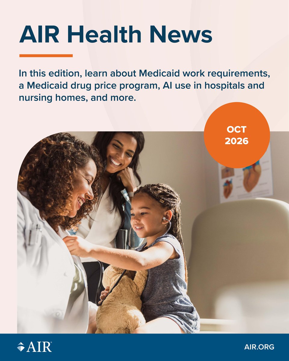 AIRInforms's tweet photo. Behind on what’s happening in health policy? AIR Health News has you covered. Read this week’s edition to get caught up on Medicaid work requirements, a Medicaid drug pricing model, AI in healthcare, and more.

https://t.co/tas8R1wmlh https://t.co/AeDTvAszFf