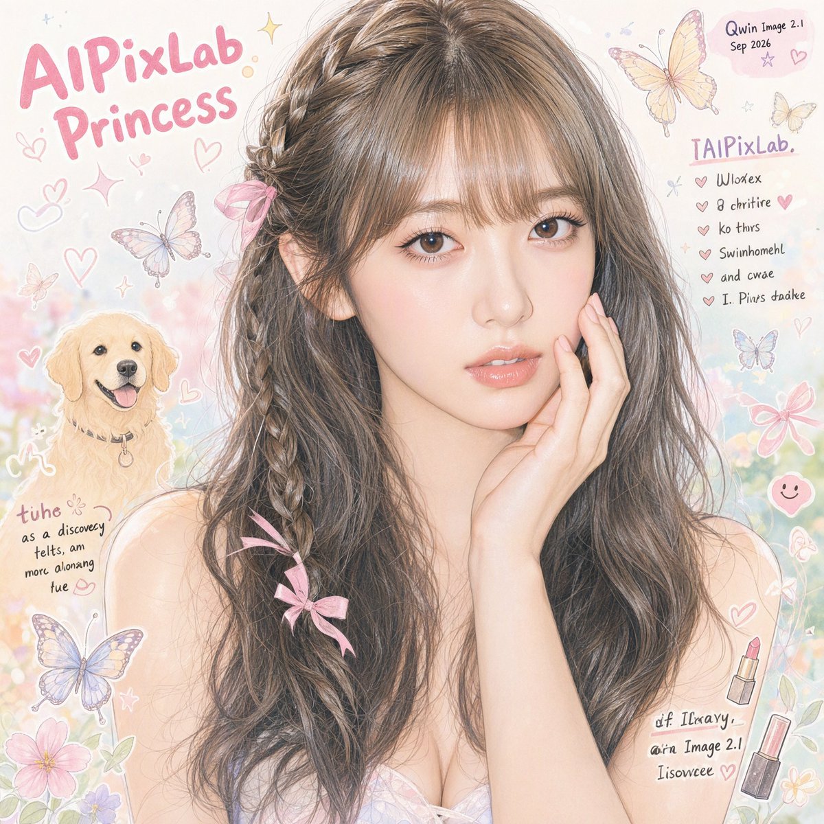 AIPixLab's tweet photo. 【姫系プロンプト】
#QwenImage 2.1

※モデル女性のルックスはQwen Image 2.1のReference機能で与えています

プロンプトの解釈がKrea2とはずいぶん異なるみたい。
テキスト出力指示は"AIPixLab" "Qwin Image 2.1" "Sep 2026" の3つだけですが、
作画意図として記載した "Fairy Princess"、Pursuing "beauty as a discovery"などのプロンプトもアウトプットに出力されてしまっています。

こういう特性はプロンプティングを工夫することで改善できると思います。