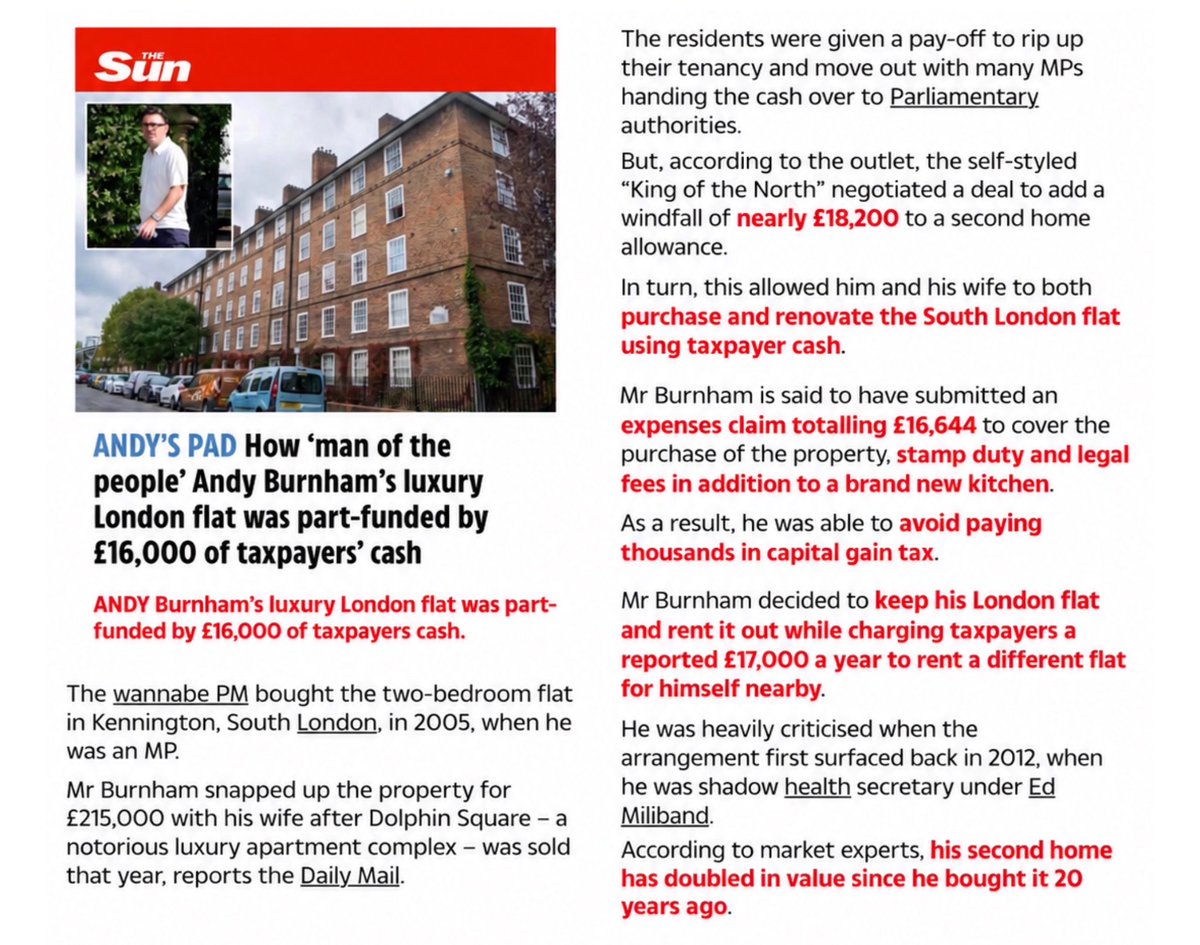 doveyymargeauxx's tweet photo. 🙄 The “King of the North” apparently had a really comfortable setup down south…

He reportedly claimed £16,644 in taxpayer funded expenses linked to buying and renovating his London flat, including stamp duty, legal fees and a new kitchen.

And according to reports the way the Dolphin Square payout was put through his parliamentary allowance also meant he avoided an estimated £6,665 capital gains tax bill.

Then after the expenses rules changed, he kept the flat, rented it out, while reportedly claiming around £17,000 a year from taxpayers to rent another London property nearby. 

Imagine campaigning for rent freezes while collecting rent on a London flat and having taxpayers cover another one nearby. You genuinely couldn’t write the irony.