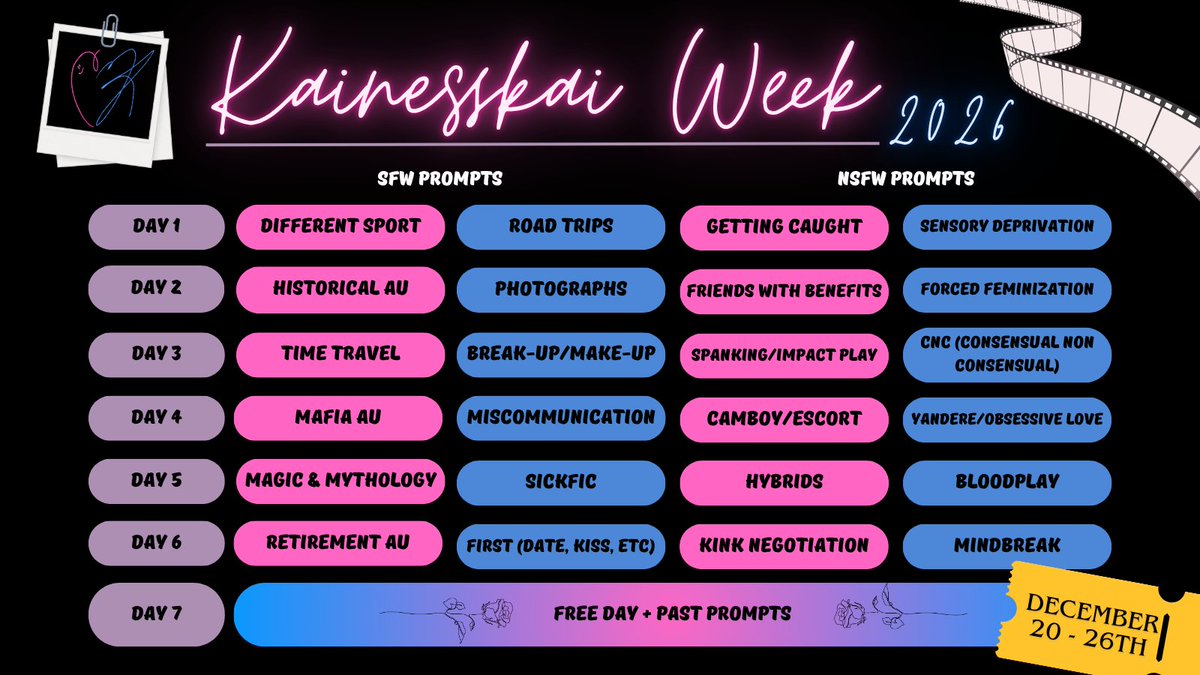 kainesskai_week's tweet photo. GET YOUR TICKETS TO THE HOTTEST PREMIERE IN TOWN 🔥

Prompts have been nominated and your votes have been tallied! Kainesskai Week will be hosted this year from Dec 20th - 26th 🥳

We hope to see you there! #kainess #nski #kins https://t.co/Qhhgx7Qqxz