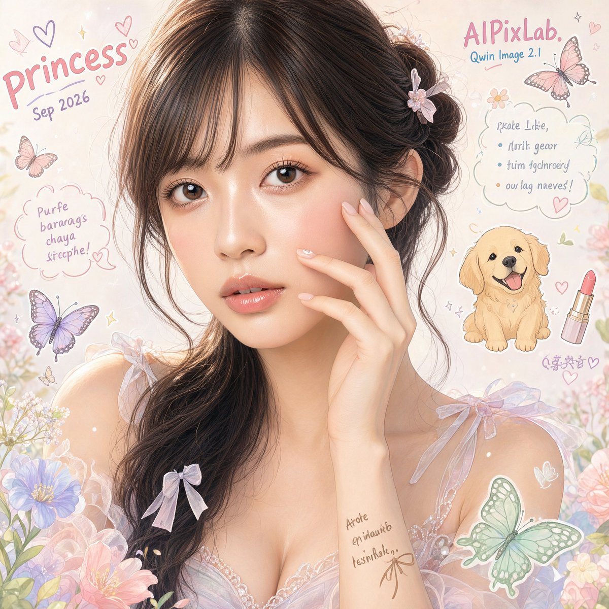 AIPixLab's tweet photo. 【姫系プロンプト】
#QwenImage 2.1

※モデル女性のルックスはQwen Image 2.1のReference機能で与えています

プロンプトの解釈がKrea2とはずいぶん異なるみたい。
テキスト出力指示は"AIPixLab" "Qwin Image 2.1" "Sep 2026" の3つだけですが、
作画意図として記載した "Fairy Princess"、Pursuing "beauty as a discovery"などのプロンプトもアウトプットに出力されてしまっています。

こういう特性はプロンプティングを工夫することで改善できると思います。