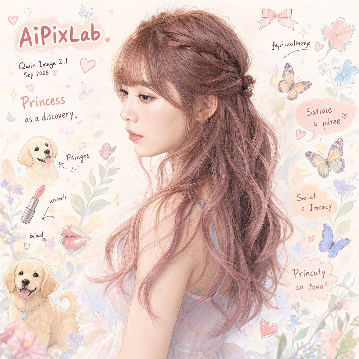 AIPixLab's tweet photo. 【姫系プロンプト】
#QwenImage 2.1

※モデル女性のルックスはQwen Image 2.1のReference機能で与えています

プロンプトの解釈がKrea2とはずいぶん異なるみたい。
テキスト出力指示は"AIPixLab" "Qwin Image 2.1" "Sep 2026" の3つだけですが、
作画意図として記載した "Fairy Princess"、Pursuing "beauty as a discovery"などのプロンプトもアウトプットに出力されてしまっています。

こういう特性はプロンプティングを工夫することで改善できると思います。