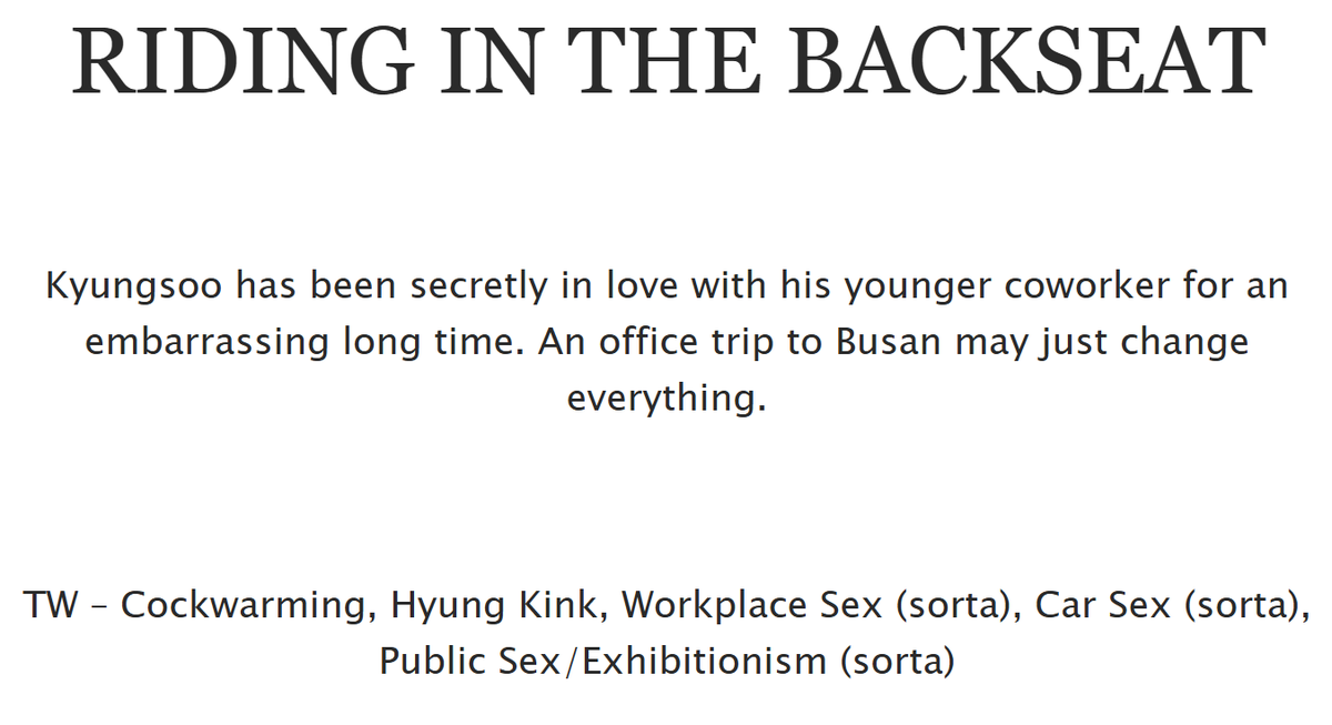 ImSoIntoSoo's tweet photo. Kinktober - Story Two
Riding in the Backseat
Rated E for Adult Content // Warnings in Notes and Image
Kaisoo
8.7k words (truly a short one-shot for once!)
https://t.co/qyjoVvp6NU https://t.co/QqjzNEdEca