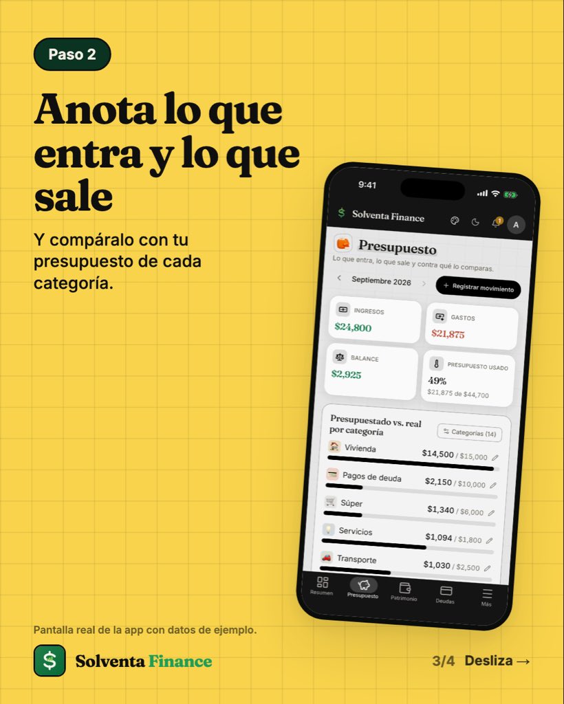 solventafinance's tweet photo. 📲 Solventa Finance en 3 pasos:
1. Da de alta tus cuentas y captura el saldo, sin conectar tu banco.
2. Anota lo que entra y lo que sale.
3. Ponle fecha a tus deudas y metas, y mira tu patrimonio neto crecer.

Gratis en App Store y Google Play.
#solventafinance https://t.co/AbYGpJ1ZG4