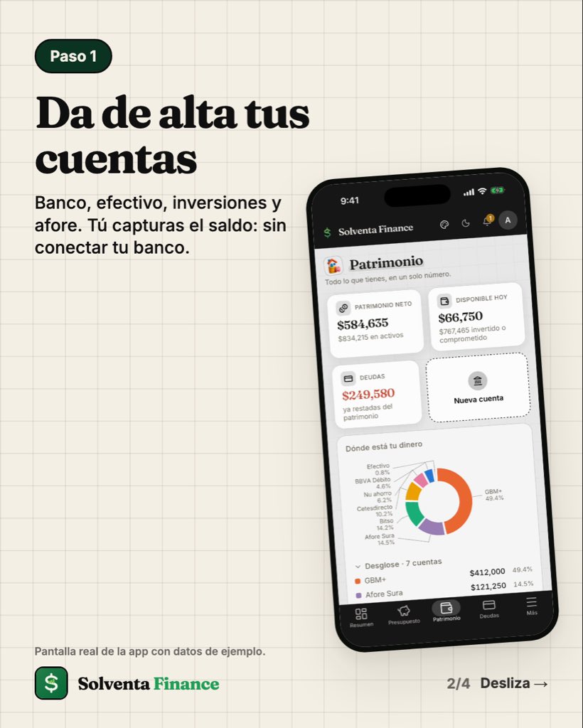 solventafinance's tweet photo. 📲 Solventa Finance en 3 pasos:
1. Da de alta tus cuentas y captura el saldo, sin conectar tu banco.
2. Anota lo que entra y lo que sale.
3. Ponle fecha a tus deudas y metas, y mira tu patrimonio neto crecer.

Gratis en App Store y Google Play.
#solventafinance https://t.co/AbYGpJ1ZG4