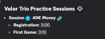 VelorPractice's tweet photo. For the grinders, we are hosting a late night TRIO session with €40 in prizes💸

https://t.co/p1RJgVPsS9 https://t.co/2vwvRmGQZX
