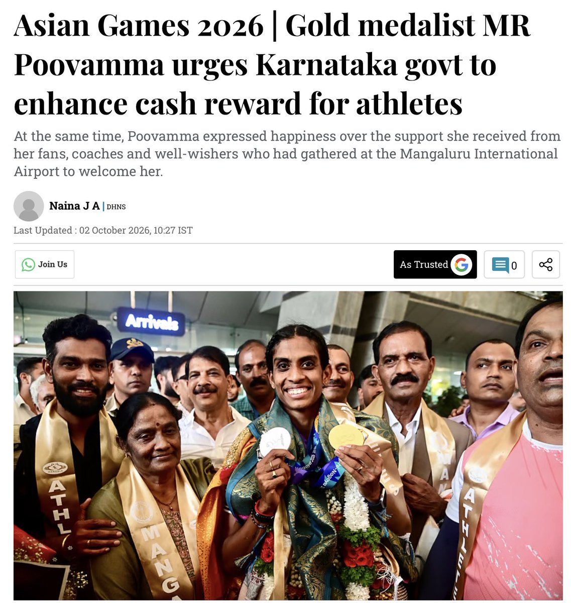 BellamSwathi's tweet photo. When we won the medal in Japan, athletes from other States received congratulatory calls from several dignitaries, including their respective Chief Ministers. However, I did not receive a call from anyone from Karnataka. I felt very disappointed. I am urging Chief Minister DK Shivakumar to enhance the cash rewards for athletes who win medals. While my teammates Kiran Pahal and Prachi Choudhary are receiving 3 crore rupees each from their respective State governments (Karnataka gave only 35 lakhs) I am seeking an increase in financial support not only for myself but also for future athletes from Karnataka.