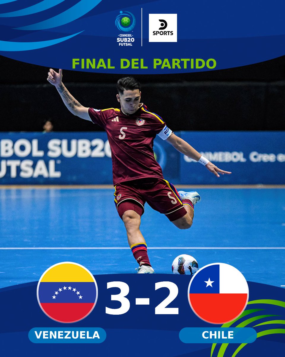 DSports's tweet photo. ¡VENEZUELA GANÓ Y ES FINALISTA! 🇻🇪

⚽ En un partidazo, la Vinotinto venció 3-2 a 🇨🇱 Chile y jugará por el título del CONMEBOL #FutsalEnDSPORTS SUB-20. 

🔜 Enfrentará a Brasil. https://t.co/avBb1RF1wq