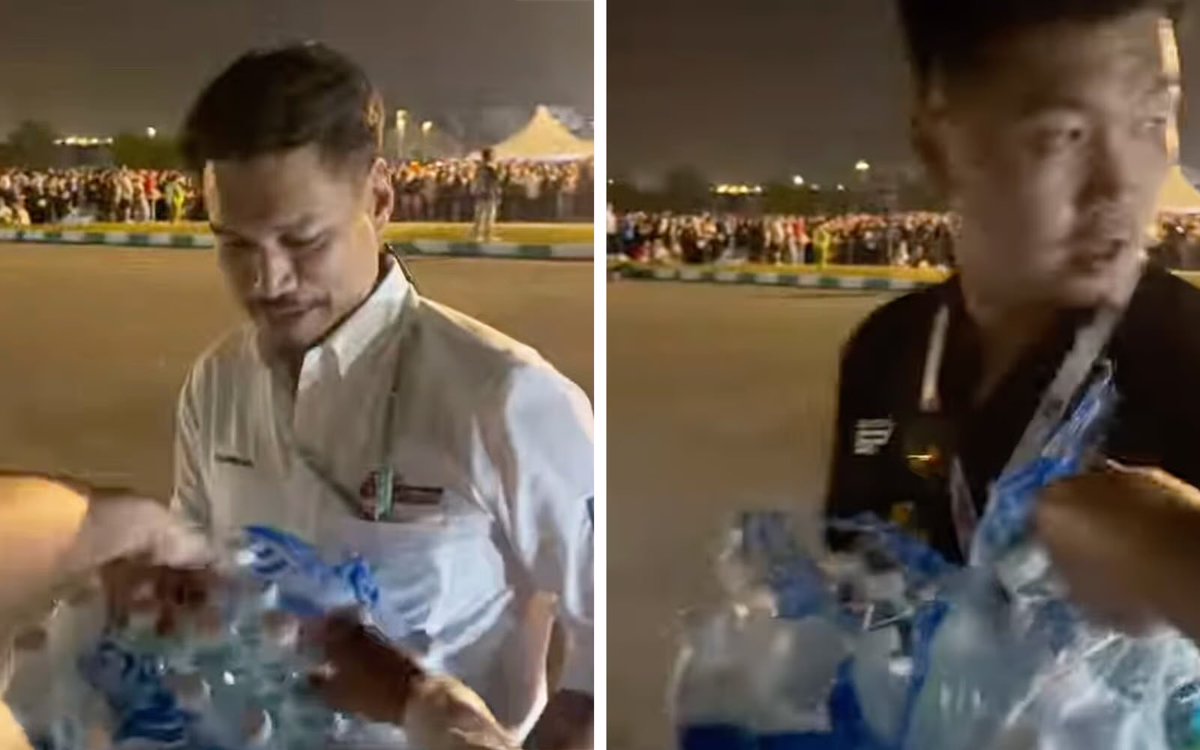 evrythngformu1a's tweet photo. The CEO of the Sepang International Circuit was spotted personally handing out water to F1 fans waiting for shuttle buses after huge crowds caused problems at the track. 👏

(via. @fmtoday) #F1 | #BahrainGP https://t.co/Rg4cednbZi