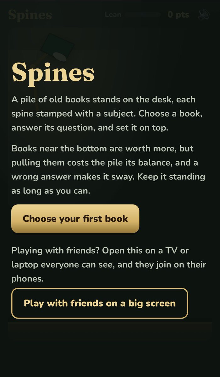 TierBrain's tweet photo. https://t.co/aF4XB7Vw1J

Introducing ‘Spines’

We’ve found a pile of old books, helpfully labelled for our consumption.

Can you carefully select one and answer the corresponding question to keep the pile standing?

Last thing we want is a mess! 

And can you beat 15 points? https://t.co/sbXJ9rUpZW