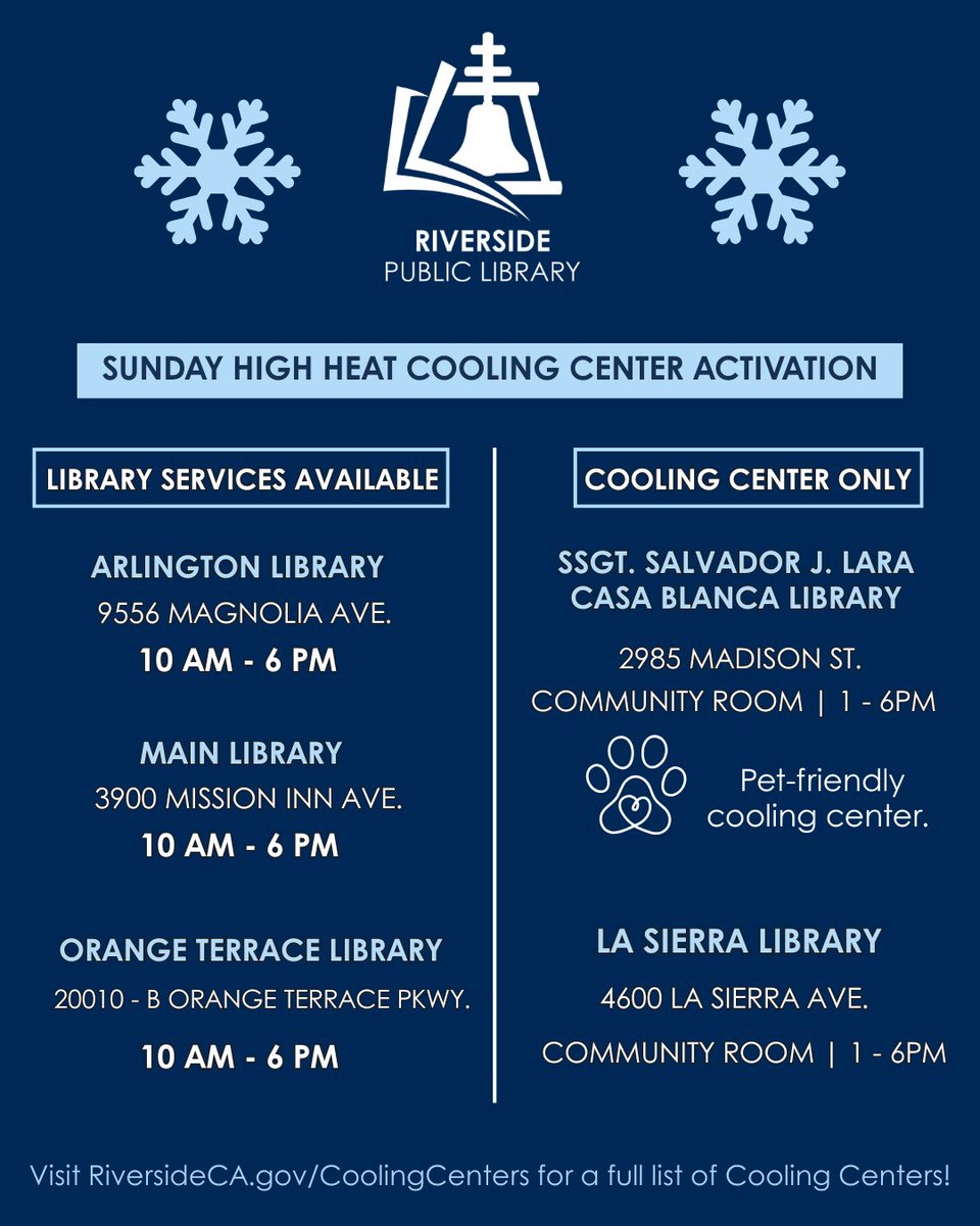 RivLibrary's tweet photo. Beat the heat at the library! 📚❄️

When temperatures reach 97 degrees or higher, all Riverside Public Library locations serve as Cooling Centers! Visit any of our locations to cool down, enjoy books, Wi-Fi, programs, and more. 📚💻✨ https://t.co/SOKEeeWC1y