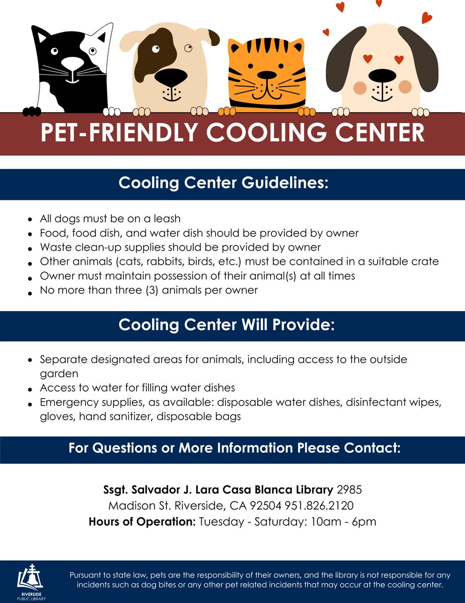 RivLibrary's tweet photo. Beat the heat at the library! 📚❄️

When temperatures reach 97 degrees or higher, all Riverside Public Library locations serve as Cooling Centers! Visit any of our locations to cool down, enjoy books, Wi-Fi, programs, and more. 📚💻✨ https://t.co/SOKEeeWC1y