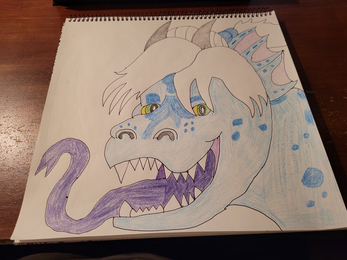 piano_player97's tweet photo. My attempt at drawing Agonwolfe's dragonsona.
https://t.co/vcvYxa7eyh
#agonwolfe #dragon #dragonsona #scalie #scalieanthro #horns #yellowsclera #greeneyes #whitehair #fangs #purpletongue #bluescales #openmouth #traditionalart #coloredpencilsdrawing #scrunchie #sharpteeth https://t.co/Yp738j2vtH